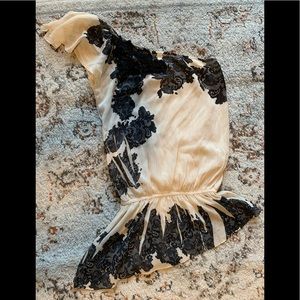 Guess xs high/low hem, one shoulder, lace detail cream and black top